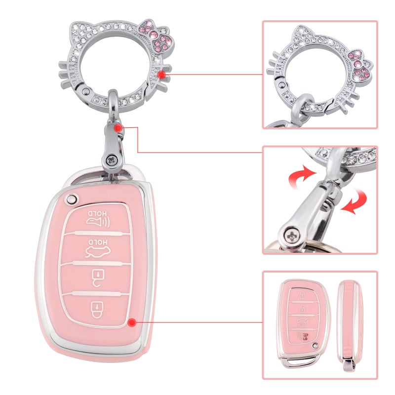 Pangpai Pink Key Fob Cover for Hyundai, Soft TPU Key Case Protection with Bling Keychain Fit for lantra Ioniq Sonata Tucson Elantra GT - Image 4